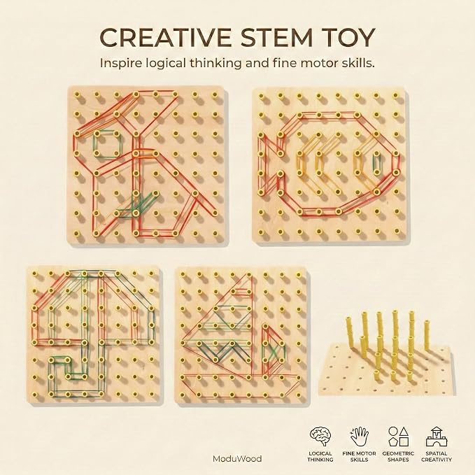 Wooden Geoboard with Stackable Pegs - 2 in 1 Montessori Peg Board Toy with 68Pcs Wood Pegs for 3 4 5 6 Year Old Kids - Fine Motor STEM Building Set, Wooden Brain Teaser Puzzle Gifts for Boys & Girls