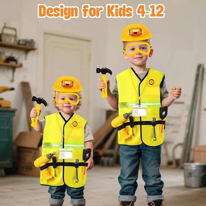 HUUIDY Construction Worker Costume with Electric Drill for Kids Ages 4-12 | Kids Dress Up Clothes Include Safety Vest and Hat, Helmet Light for Halloween Party, Career Day, Pretend Play, Birthday Gift