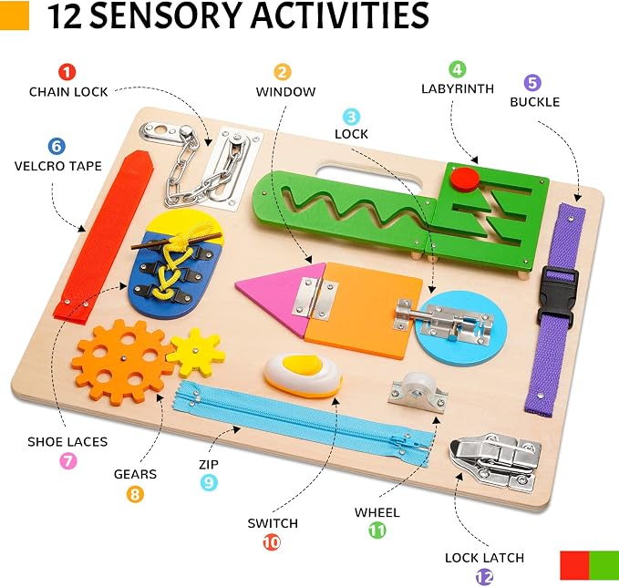 Montessori Busy Board for Toddlers, Wooden Sensory Toys, Preschool Learning Activities for Fine Motor Skills Travel Toy, Basic Life Skills Educational Gifts for 1 2 3 Years Old Kids Boys Girls | Preschool Learning Activities, Basic Life Skills, Fine Mo...