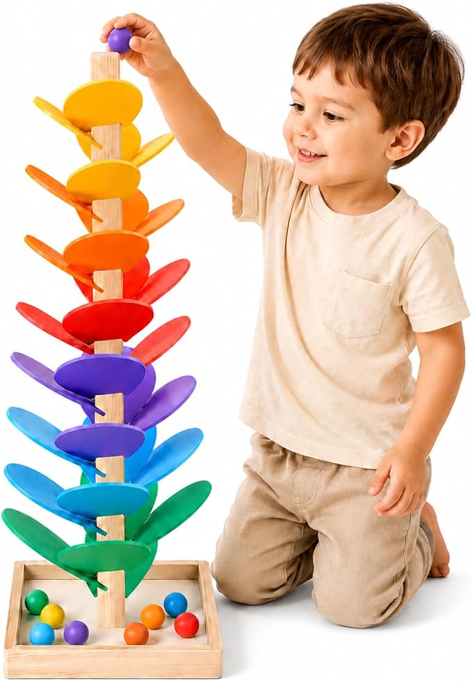 Wooden Music Tree Toy, Montessori Ball Drop Tree with 12 Colorful Wooden Balls, Tracks for Rolling Balls, Ball Run Toy, Fine Motor Skills STEM Gift for Kids Ages 3+