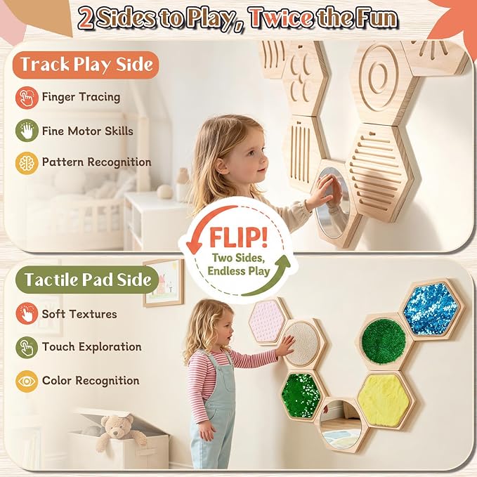 13-Piece Wooden Sensory Wall Panel Set with Double-Sided Activities,Hexagon | Double-Sided Tactile Boards with Interchangeable Texture Pads,Fine Motor & Finger Tracing Paths