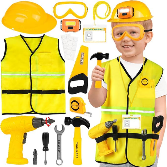 HUUIDY Construction Worker Costume with Electric Drill for Kids Ages 4-12 | Kids Dress Up Clothes Include Safety Vest and Hat, Helmet Light for Halloween Party, Career Day, Pretend Play, Birthday Gift