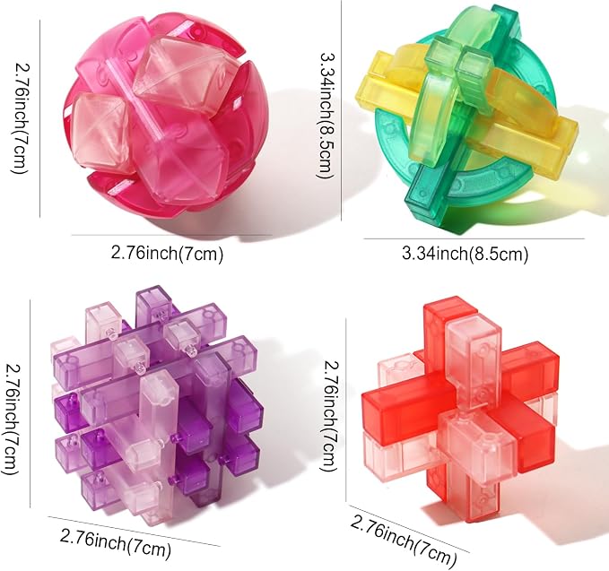 4 PCS Colorful Translucent ABS Luban Lock Set, Premium Brain Teaser Puzzles for Kids Teens Adults, Interlocking Disentanglement Mind Puzzles, Montessori STEM Educational Toys, Mini Game for Travel