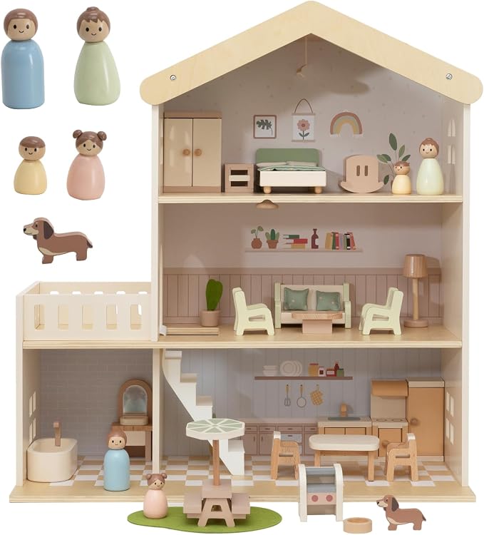 Nene Toys Wooden Dollhouse, 3-Story Doll House for Kids Ages 3+ | 28-piece wooden dollhouse with furniture, family figures, dog, 3 levels, pastel rooms and pretend play for toddlers and kids