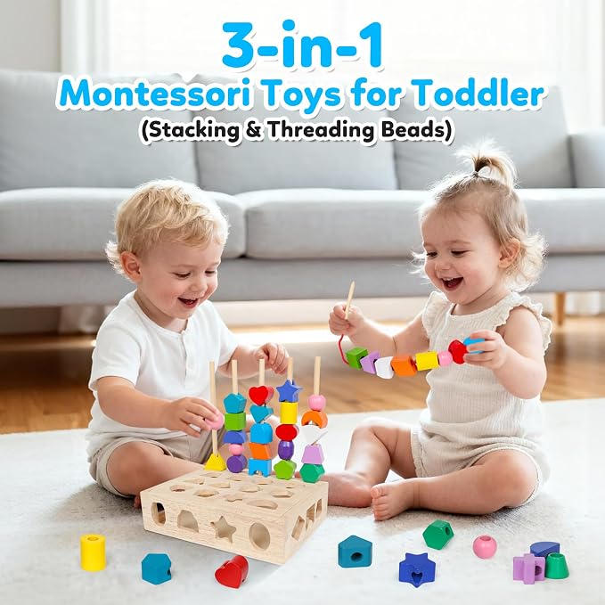 ROOCHKD Wooden Sorting Toy Lacing Beads Sequencing Toy for 3yrs+ | Preschool Learning toy, Class Activity, Toddlers Fine Motor Game, Colors &Shapes sorting, Educational Gifts
