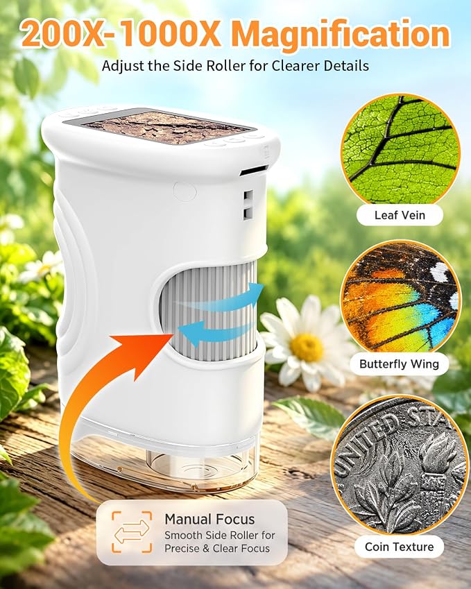 Handheld Microscope for Kids with 2.0" IPS Screen Digital Outdoor Gifts | Portable STEM Science Lab Toy, Rechargeable Pocket Microscope Age 8-12 Educational Gift for Boys & Girls, White