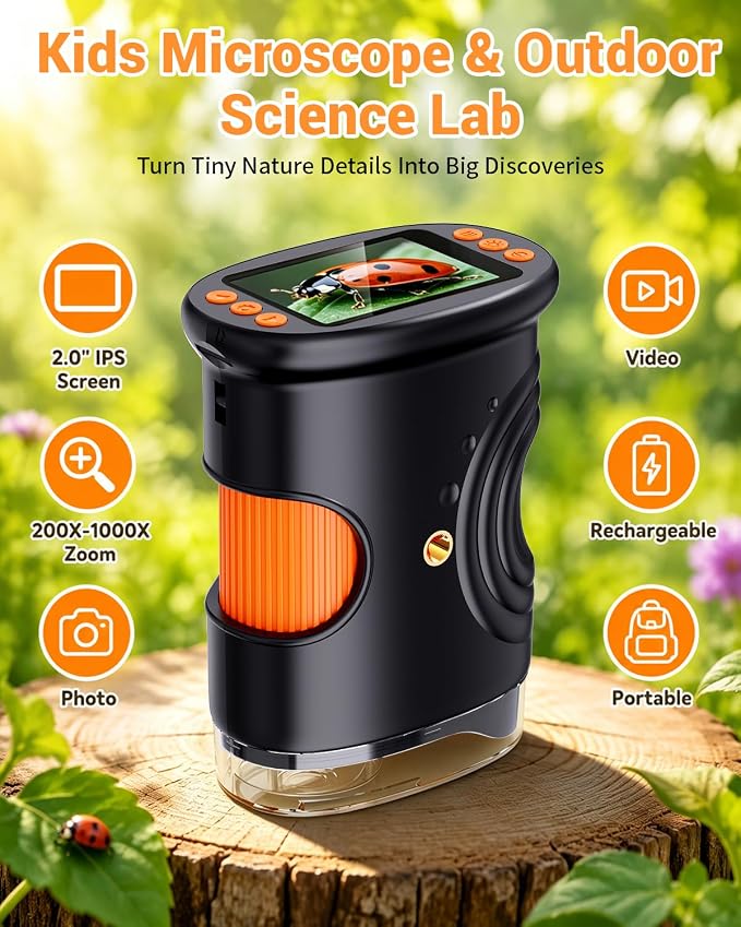 Kids Magnifying Glass 2-inch Digital Handheld Microscope for Kids | Cool Gadgets Stuff, Toys Portable STEM Science Lab Gifts, Magnifier for Coin Collection Supplies, Black