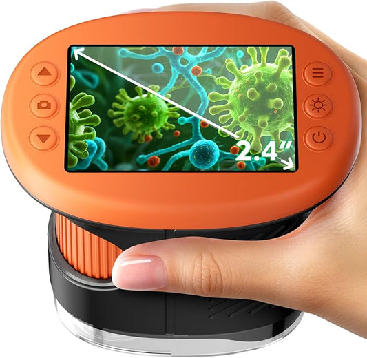 Odatay 2.4" 4K 1000X Digital Kids Microscope with 32G Card 12 Slides Orange | Long distance viewing, portable handheld edu gift toys for age 3-12, exploring bugs plants at home classroom & outdoor travel