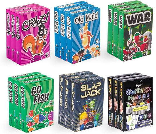 Regal Games Card Games for Kids - Go Fish, Crazy 8's, Old Maid, Slap Jack, Garbage Monsters, War - Simple & Fun Classic Family Table Game Sets (3 x 6)