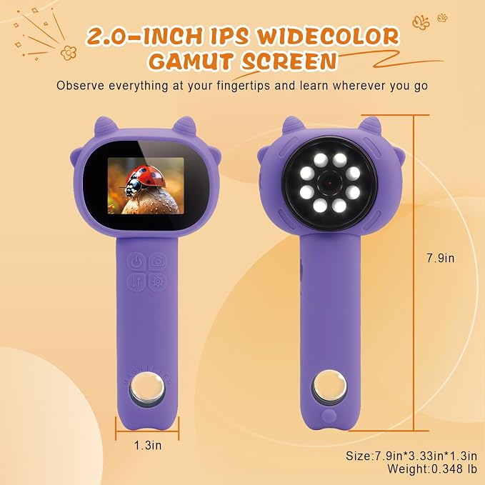 Microscope for Kids 500x Magnification,Mini Pocket Handheld Microscope with 2.0" Screen for Toddlers-STEM Educational Science Kit Toys for Boys Girls Aged 3-12 Christmas Birthday Gifts (Purple)