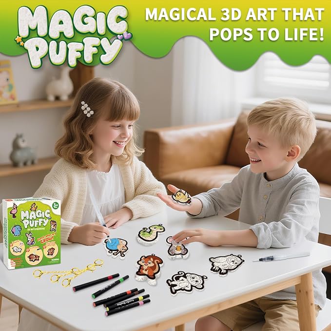 Artnedu Magic Puffy Paint 3D Art Kit - Animals,Mess-Free Color Activity | Paint By Number Craft Kits for Kids,DIY keychain,Travel Toys & Creative Gift for Ages 4, 5, 6, 7, 8, 9, 10
