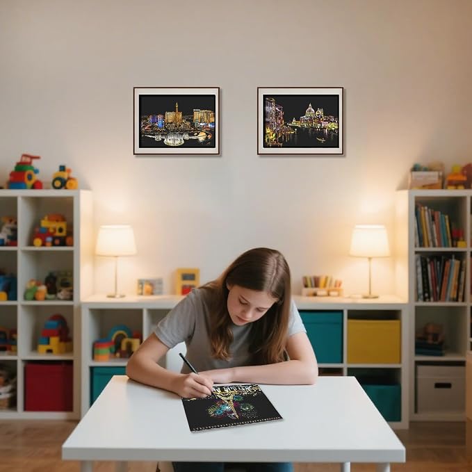 10-Board Scratch Art Book for Adults, Rainbow Cityscape Kit with Tools | Scratch art tools reveal 10 rainbow cityscapes for screen-free tabletop entertainment at home, during travel or with friends.