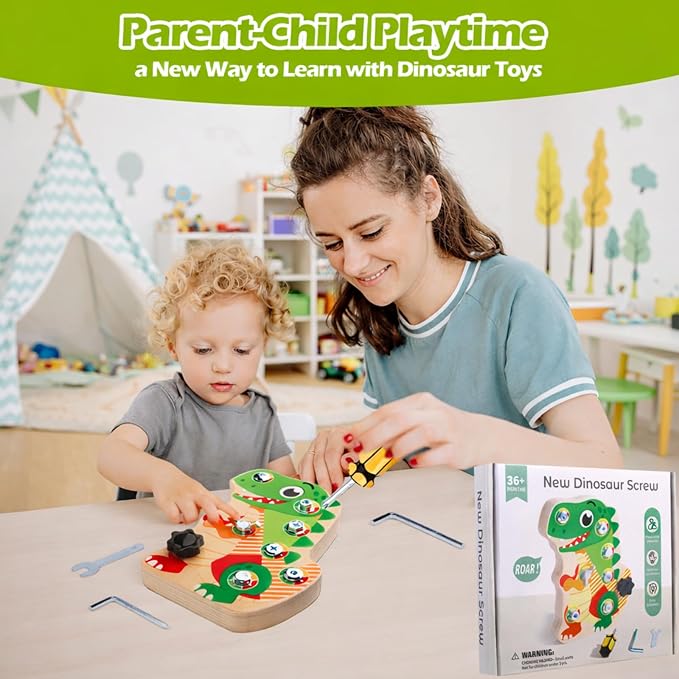Montessori Dinosaur Screw Board, 8 Screws, Fine Motor Toy for Kids Ages 3+ | Matching 4 tools to different screw-head styles for repeat remove-and-replace play