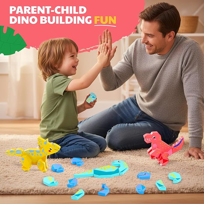 JoyCat Magnetic Wooden Dinosaur Building Toys for Toddlers 1-3 | Set of 4 Build and Take Apart Dinosaurs, Montessori STEM Fine Motor Toy, Gifts for Boys and Girls