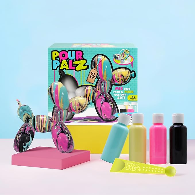 DIY Paint Pouring Kit – 1 XL Balloon Dog, 4 Acrylic Pour Paints, Mixing Cups & Tools, Create Unique Marbled Art, Fun Hands-On Craft Kit for Kids & Adults, Candy Ripple, Ages 5+
