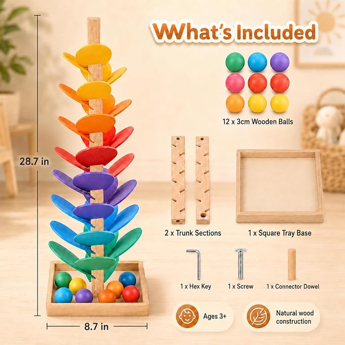 Wooden Music Tree Toy, Montessori Ball Drop Tree with 12 Colorful Wooden Balls, Tracks for Rolling Balls, Ball Run Toy, Fine Motor Skills STEM Gift for Kids Ages 3+