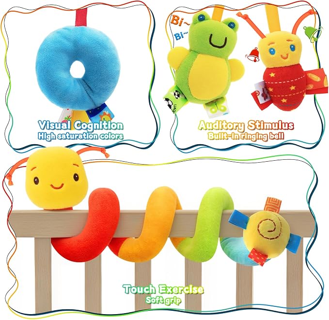 Spiral Car Seat Toys for Babies 0-12 Months | Baby Sensory Soft Plush Hanging Toys, Stroller Crib Accessories, Essentials for Expecting Moms, Baby Shower Registry Gift
