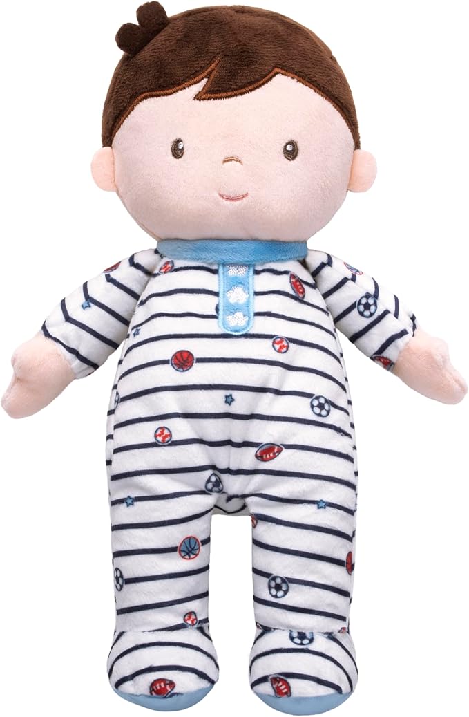 Little Me Plush 11 inch Boy Doll with Rattle, Oliver (Sport Print, Blue)