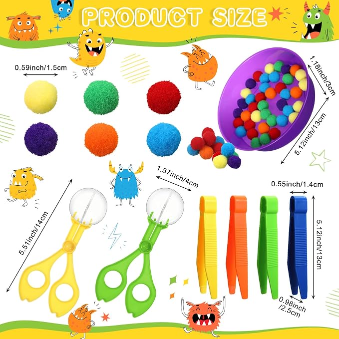 Zhanmai 142 Pcs Fine Motor Skills Toys Handy Scooper Set Sensory Bin Filler 12 Sorting Bowls 8 Tweezers 2 Scissors Clips 120 Plush Balls for Early Education and Sorting Counting Training Development