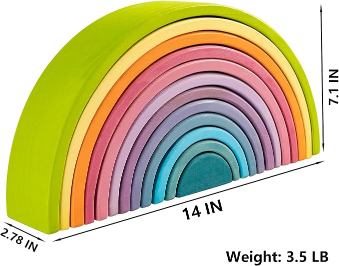 Wooden Rainbow Stacking Toy, 12 Piece Multicolor Wooden Arch Stacker, Extra Large Pastel Bow Shaped Stacking Toy, Nesting Puzzle Building Blocks Educational Toys for Kids Toddlers