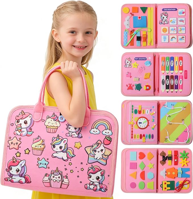 Unicorn Busy Book for Toddlers Ages 1-3, Educational Montessori Toys | 8-in-1 Educational Activity Board Sensory Travel Toy