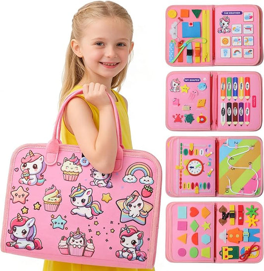 Unicorn Busy Book for Toddlers Ages 1-3, Educational Montessori Toys | 8-in-1 Educational Activity Board Sensory Travel Toy