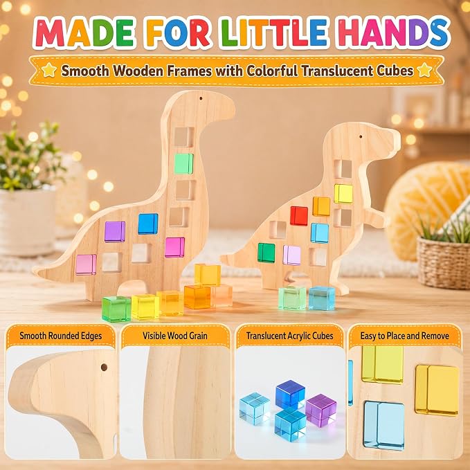 Soulchen Kids Wooden Building Block Set, 20 Rainbow Gem Cube Stacking Blocks - 2 Dinosaur Skeletons, Montessori Toddler Stacking Toy, Learning Educational Toy Sensory Gift for Boys Girls