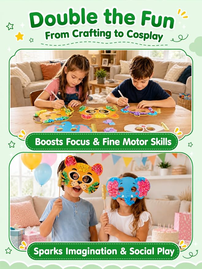Kivonio Poke Art - Animal Masks, Mess-Free Fun for Kids, DIY Wood Craft Kits, Creative Activity, Gifts for Girls & Boys Ages 4, 5, 6, 7, 8, 9 Fine Motor Skills, Screen-Free