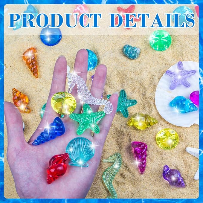 60pcs Diving Gems Pool Toys, Colorful Acrylic Diamond Pirate Treasure | Mermaid Pool Play Set with Mesh Bag, Underwater Gem Diving Toys and Ocean Sensory Bin Filler