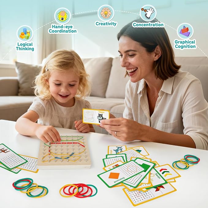 Wooden Geoboard, Montessori STEM Toy with Pattern Cards for Kids Ages 3+ | Pattern Cards & Rubber Bands, Geometric Shape Learning, Classroom STEM Tool, Brain Teaser Gift