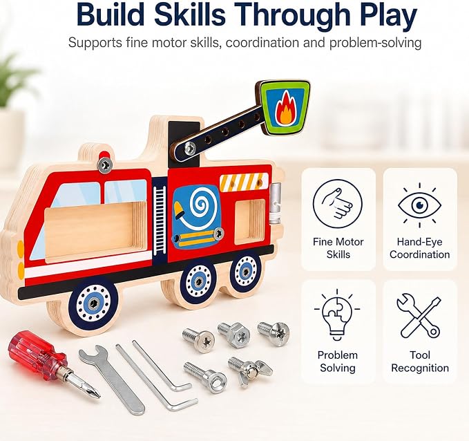 Wooden Fire Truck Screw Activity Board with Tools, Montessori-Inspired, 3+ | Removable screws and pieces for matching, turning and refitting, with storage bag for tidy pack-away