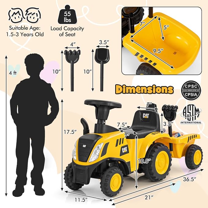 HONEY JOY Kids Ride on Tractor, Licensed Caterpillar Ride On Push Car for Toddlers, Detachable Trailer, Shovel & Rake, Horn, Engine Sound, LED Lights, No Power Ride On Toy for Boys Girls (Yellow)