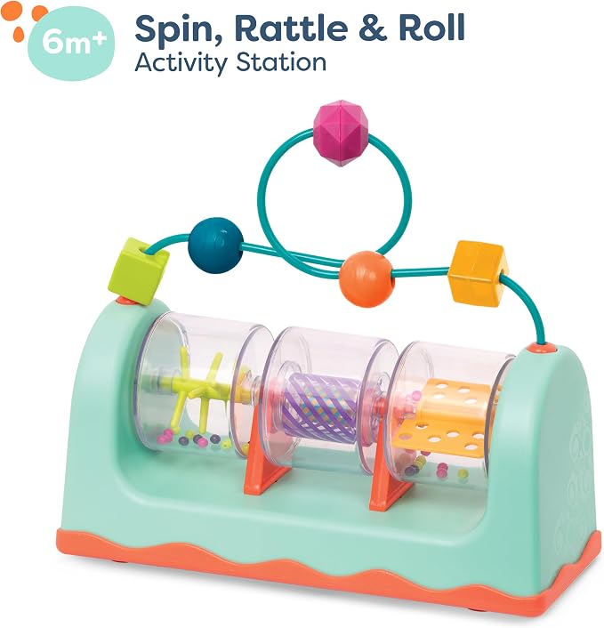 B. toys Bead Maze Baby Activity Station, Spin Rattle and Roll, Interactive | Spin, Rattle & Roll multi-activity station with bead maze and 3 clear spinners filled with beads, paddles, and, 6+ Months