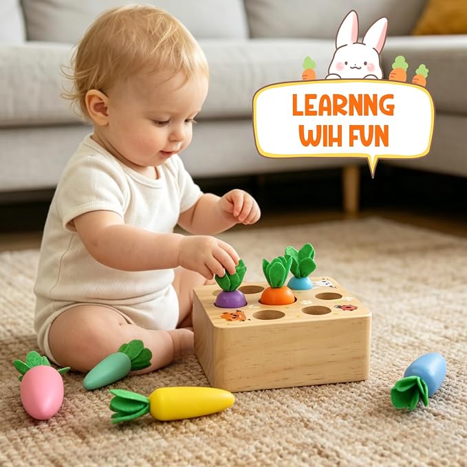 Wdmiya Montessoritoys for 1 Year Old, Developmental Wooden Toys 6-12 Months | Shape Sorting & Matching Puzzle Macaron Carrots Harvest Game, Christmas Birthday Gifts for Toddlers Babies Boys and Girls