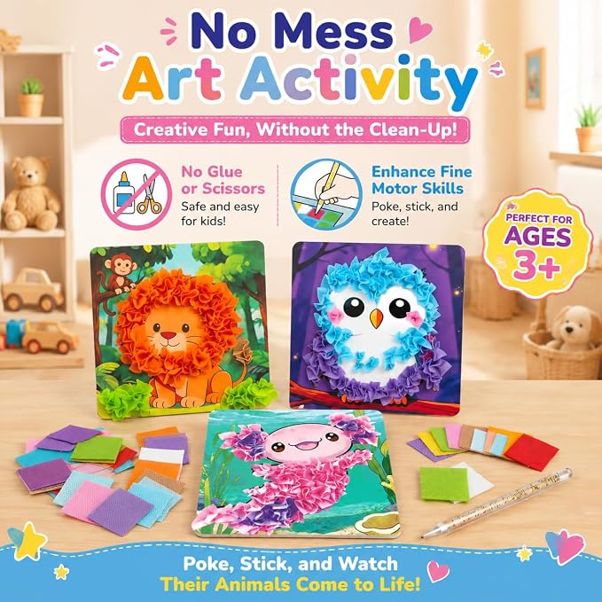 AGENTLAN Animal Poke Art Kit,Mess-Free Crafts for Kids Ages 3-8 | 6 poke in animal designs, 3D Art, no glue, no mess, screen-free activity, travel craft