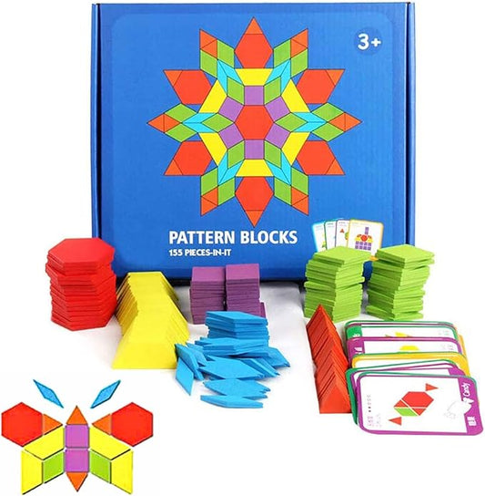 JCREN Wooden Pattern Blocks Geometric Tangram Shape Puzzle 155Pcs | Montessori Toy with Activity Cards and Storage Bag Classic STEM Learning Toys Educational Gift for Kindergarten Kids