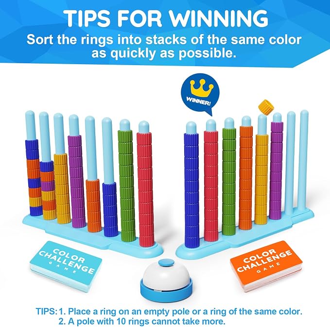 2 Pack Color Challenge Game – 2 Players Color Matching Puzzle Game, Fun Board Game for Kids 6-8-12, Adults, Party & Family Game Night, Stacking Game with 2 Stack Racks, 100 Cards, 120 Rings & Bell
