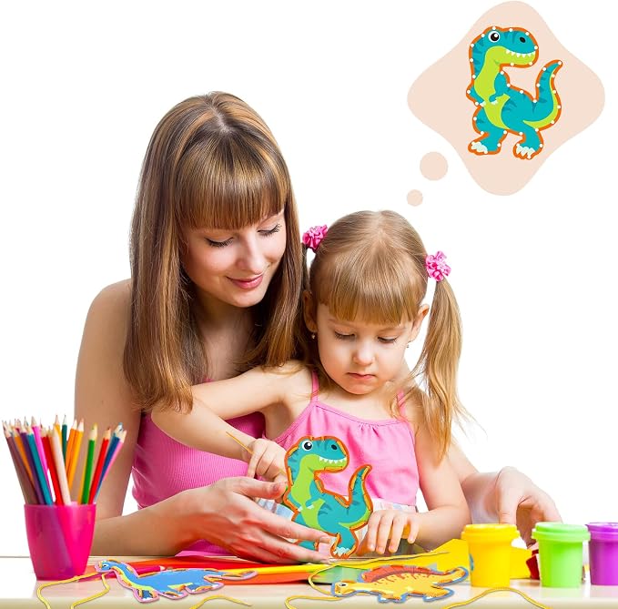 10 Pcs Kids Lacing Cards Double Sided Animal Sewing Cards Kits 10 Styles Lacing Toy Crafts for Toddler Ages 6+ Developing Imagination Preschool Learning Activity Supplies(Dinosaur Style)