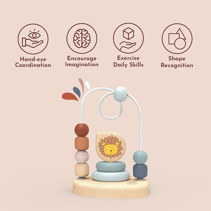 Lion Bead Maze, Colorful Wire Frame Toy with 7 Soft Beads, Promotes Dexterity, Hand-Eye Coordination & Color Recognition, Non-Toxic Paint, Ideal for Kids 1-3 Years | 7 sliding beads, wire frame, lion theme, wooden bead maze, montessori toys, preschool ...