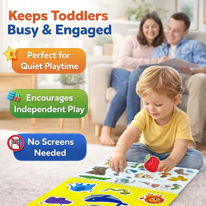 Jelly Sticker Books for Toddlers 3-5 - 61 Reusable Stickers Busy Book | 10 Preschool Topics - Waterproof Washable Toddler Activity Book - Learning Toys for Shapes, Colors, Matching, Animals