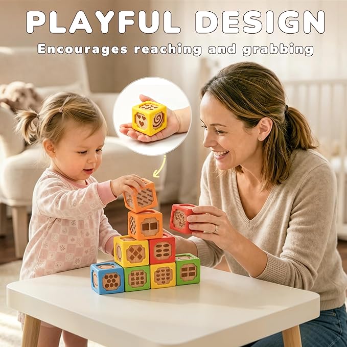 Joyreal Silicone Wooden Baby Blocks, 10PCS Montessori Stacking Blocks for Babies 6-18 Months, 1.7" Beech Wood Sensory Learning Toy with Animals, Numbers, Textures, Soft Chewable, Laser Engraved