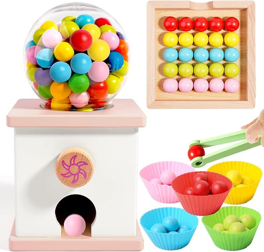 9.6" Wooden Gumball Machine For Kids Learning Color Sorting & Counting Toy | Toddler Preschool Learning Activities Toy for Kids Ages 3-5, Wood Preschool Learning Fine Motor Skills Game Toys