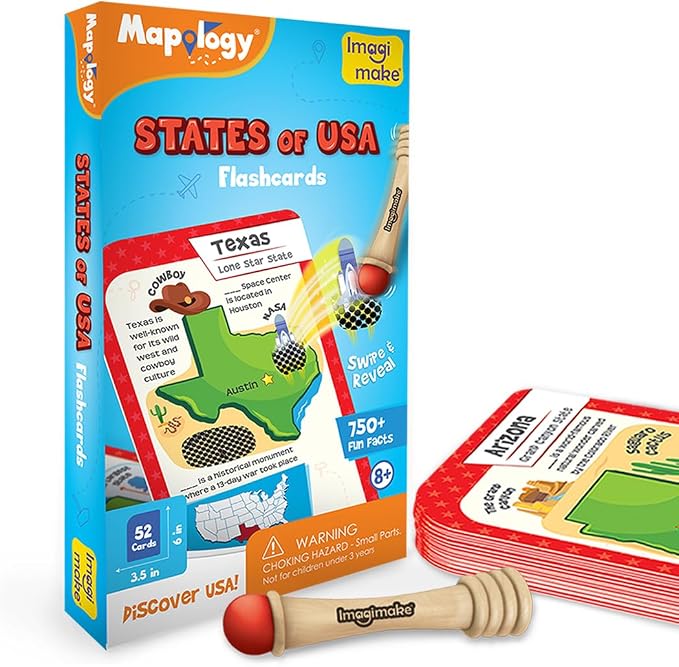 Imagimake Mapology USA Flash Cards | Learn United States Along with Flags and State Shapes | Ages 8-12 | Foam Jigsaw Puzzle, Fun Facts, Educational Toy for Kids | Gift for Christmas and Birthdays | Learn 750+ Facts of USA with Swipe & Reveal, Classroom...
