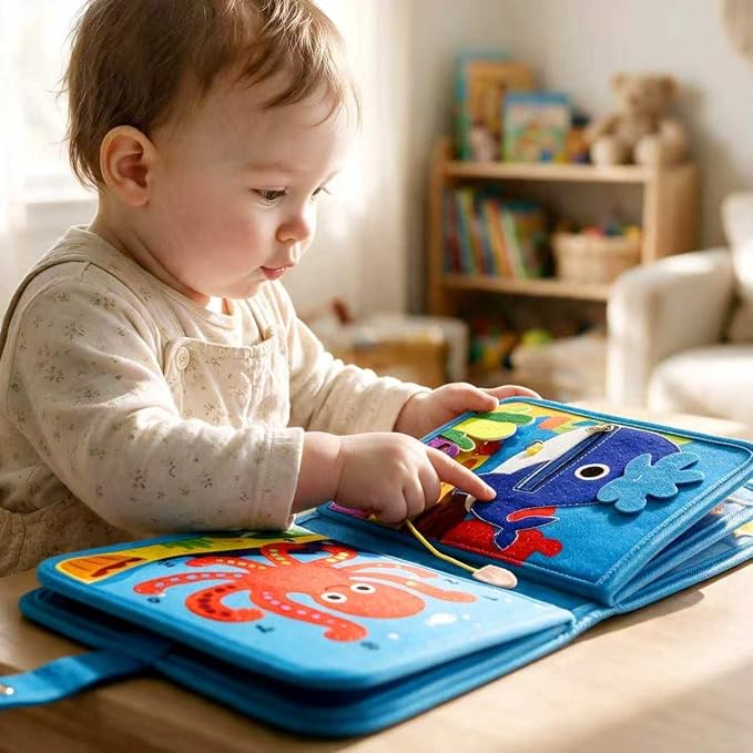 Ocean Busy Book, Quiet Travel Toy for Airplane, Felt Board for Toddler | This screen-free sensory play kit includes dry-erase markers, a buckle closure & interactive pages for preschool kids