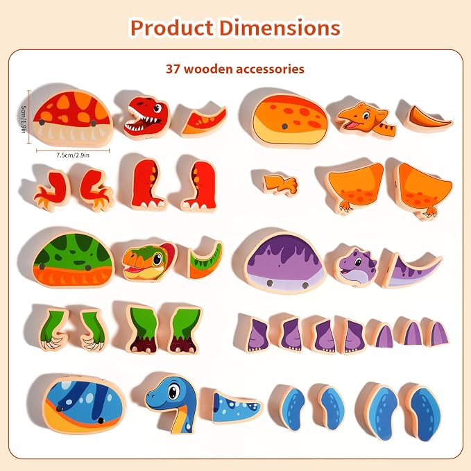 INIFEIDALA Magnetic Wooden Dinosaur Building Blocks, Ages 3-6 | Take Apart, STEM Montessori Educational Toy, Fine Motor Skills Development, Hand-Eye Coordination