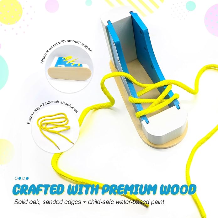 Learn to Tie Shoes for Kids, Wooden Lacing Sneaker Toy,Montessori Educational Toy for Toddlers Ages 4-8