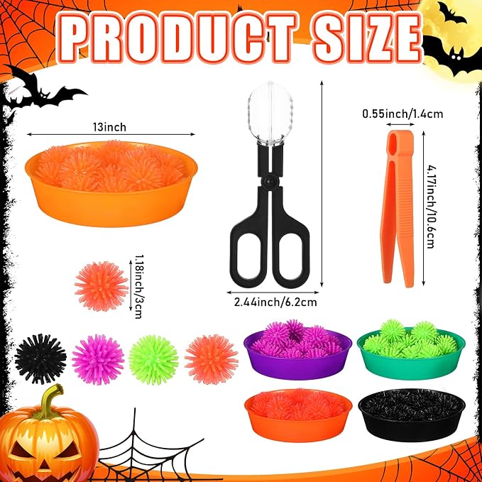 Leitee 71 Pcs Sensory Bin Filler,Black,Halloween | Hedge Balls Tweezers Clips Cups, Fine Skills Toys Set for Kids Counting Sorting, Sensory Bin Tools Preschool Learning