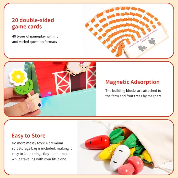 INIFEIDALA Montessori Farm Learning Game for Toddlers 3-5 | Wooden Activity Board,Challenge Cards,Fine Motor Skills,Sorting & Letter Matching,Screen-Free Educational Toy