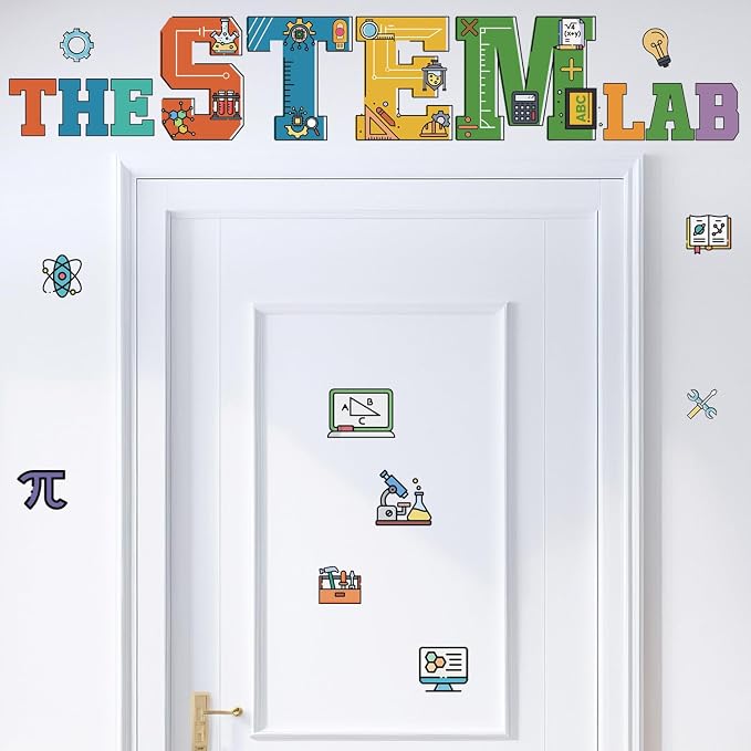 LHIUEM Color The Stem Lab Stickers,Kids Scientist Bedroom Decor,Funny Stem Laboratory Door Decals,Biology Posters,Chemistry Wall Decal,Science Math Mural,Biology Decorations for Classroom Nursery