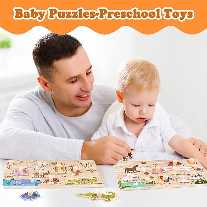 Wooden Peg Puzzles for Toddlers 1-3, 2 Pcs Montessori Puzzles, Zoo & Farm Animal Puzzles, Great Preschool Educational Learning Gifts for Girls and Boys